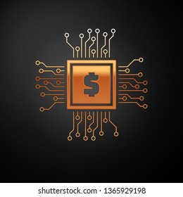 Gold Processor chip with dollar icon isolated on black background. CPU, central processing unit, microchip, microcircuit, computer processor, chip. Vector Illustration