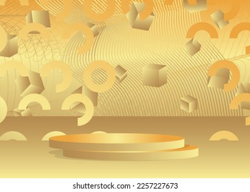 Gold product display. Vector 3D golden room, cylinder pedestal podium. Stage showcase for presentation. Futuristic Sci-fi minimal geometric forms, empty scene.