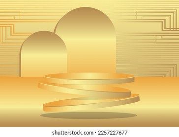 Gold product display. Vector 3D golden room, cylinder pedestal podium. Stage showcase for presentation. Futuristic Sci-fi minimal geometric forms, empty scene.