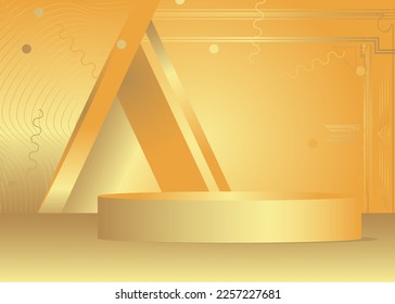 Gold product display. Vector 3D golden room, cylinder pedestal podium. Stage showcase for presentation. Futuristic Sci-fi minimal geometric forms, empty scene.