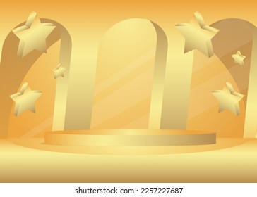 Gold product display. Vector 3D golden room, cylinder pedestal podium. Stage showcase for presentation. Futuristic Sci-fi minimal geometric forms, empty scene.
