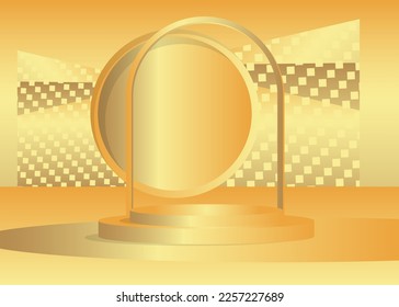 Gold product display. Vector 3D golden room, cylinder pedestal podium. Stage showcase for presentation. Futuristic Sci-fi minimal geometric forms, empty scene.