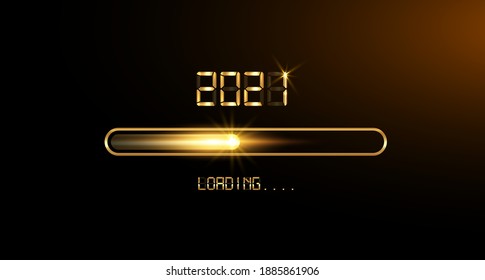 Gold Progress Bar On Black Download 2021 New Year's Eve. Loading Animation Screen Almost Reaching 2021, Golden Digital Clock Style. Creative Festive Banner With Shiny Progress Bar