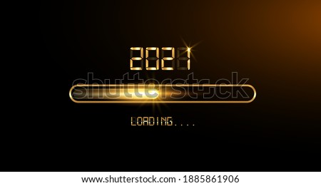 Gold Progress bar on black Download 2021 New Year's Eve. Loading animation screen almost reaching 2021, golden digital clock style. Creative festive banner with shiny progress bar