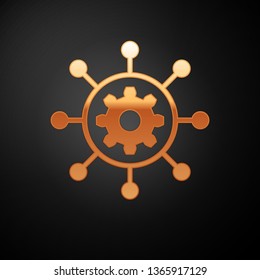 Gold Project management icon isolated on black background. Hub and spokes and gear solid icon. Vector Illustration