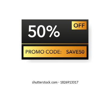 Gold Promo Code Discount. Save Money. White Background. Minimal Design. Vector Illustration.