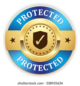 Gold protected badge with blue border on white background