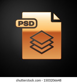 Gold PSD file document. Download psd button icon isolated on black background. PSD file symbol.  Vector Illustration