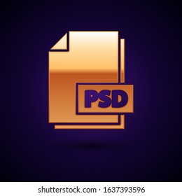 Gold PSD file document. Download psd button icon isolated on dark blue background. PSD file symbol.  Vector Illustration