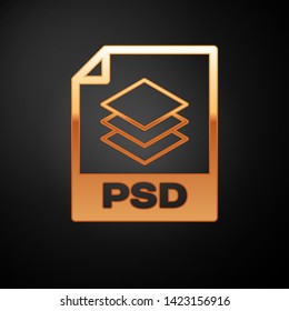 Gold PSD file document icon. Download psd button icon isolated on black background. PSD file symbol. Vector Illustration