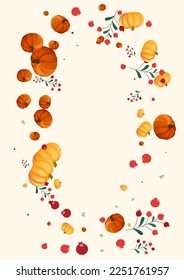 Gold Pumpkin Background Beige Vector. Leaf Holiday. Burgundy Harvest Template. Decorative Frame. Yellow Leaves Thanksgiving Set.