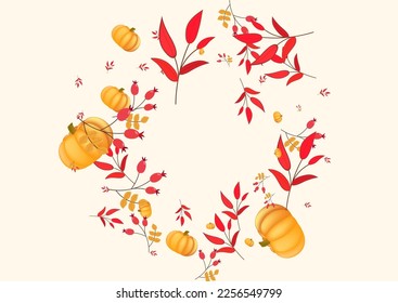 Gold Pumpkin Background Beige Vector. Vegetable Picking. Orange Wreath Frame. Decorative Banner. Colorful Plant Botanical Template.
