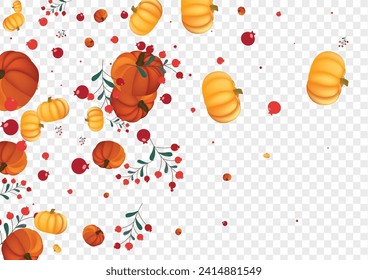 Gold Pumpkin Background Transparent Vector. Yellow Graphic Texture. Colorful Rowan Print Banner. Gourd Season. Floral Border.