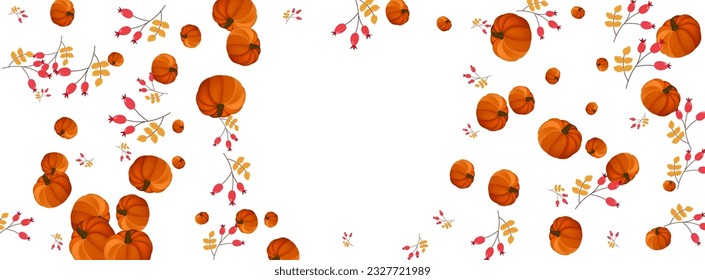 Gold Pumpkin Background White Vector. Vegetable Picking. Green Maple Template. Food Illustration. Red Leaves Healthy Set.
