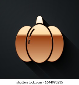 Gold Pumpkin icon isolated on black background. Happy Halloween party. Long shadow style. Vector Illustration