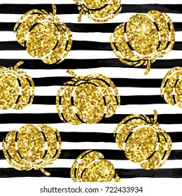 Gold Pumpkin Silhouette On Black And White Striped Background. Cute Autumn Pattern Seamless Textile. Design For Greeting Card And Invitation Of Seasonal Fall Holidays, Halloween, Thsanksgiving, Autumn