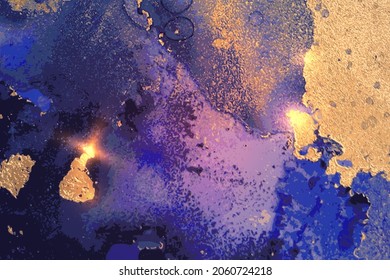 Gold, purple and denim blue abstract alcohol ink marble texture. Vector shining background with natural pattern and glitter. Template for banner, poster design. Fluid art painting