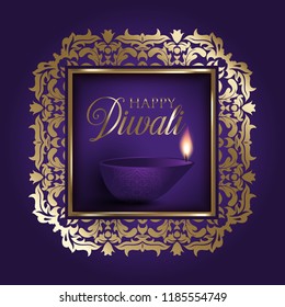 Gold And Purple Diwali Background With Oil Lamp In Decorative Frame