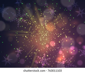 Gold, purple dust vector firework explosion with snowflakes and bokeh. Abstract Holiday Light Rays. Christmas design, decor, background. Vector illustration.