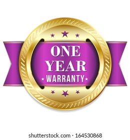 Gold purple one year warranty badge with ribbon