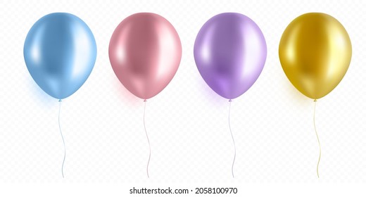 Globo de oro, morado, rosa, azul de helio aislado en fondo transparente. Colección de balones metálicos realistas en estilo realista. Ilustración vectorial premium.