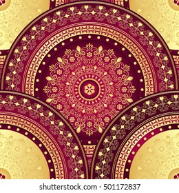 Gold and purple seamless pattern with shiny gradient vintage circles, vector