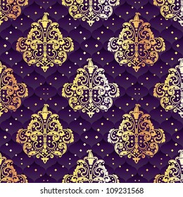 Gold and purple seamless Rococo floral (EPS10); jpg version also available