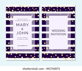 Gold and purple striped design layout for Wedding invitation, thank you card, save the date cards, baby shower, menu, flyer, template.