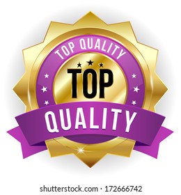 Gold purple top quality badge with ribbon