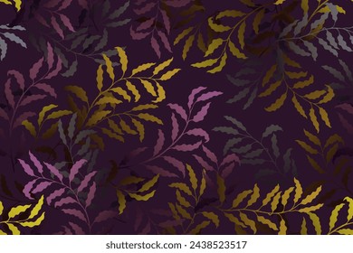 Gold Purple Baum Blätter Vektor nahtlose Muster Sommer Mode Kleid Premium Textil Print Design. Baumzweige, Zweige mit Blättern endlose florale Ornamente.