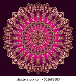 Gold and purple vintage round pattern over dark, vector
