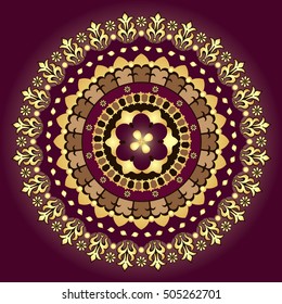 Gold and purple vintage round pattern over dark, vector