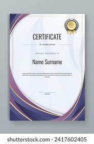 Gold and purple violet certificate of corporate template. Clean modern certificate with gold badge. Certificate border template with luxury and modern line pattern