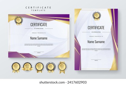 Gold and purple violet certificate design with luxury and modern certificate award design template pattern