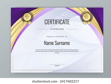 Gold and purple violet modern certificate template for corporate, achievement, diploma, award, graduation, completion, appreciation, acknowledgement, recognition etc