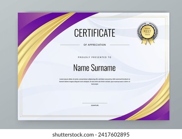 Gold and purple violet vector modern elegant and luxury certificate template for corporate