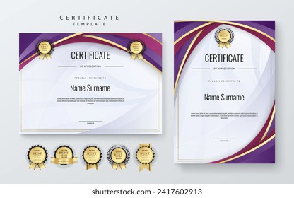 Modelo de diseño de certificados corporativos profesionales y modernos con vectores violeta dorado y morado