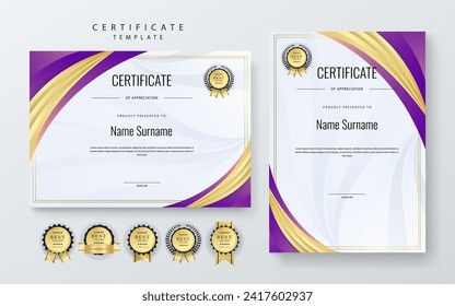 Modelo de diseño de certificados corporativos profesionales y modernos con vectores violeta dorado y morado