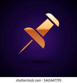 Gold Push pin icon isolated on dark blue background. Thumbtacks sign.  Vector Illustration