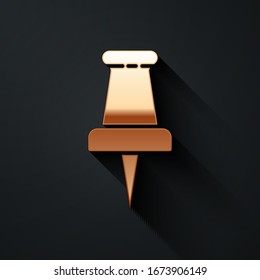 Gold Push pin icon isolated on black background. Thumbtacks sign. Long shadow style. Vector Illustration