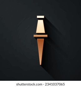 Gold Push pin icon isolated on black background. Thumbtacks sign. Long shadow style. Vector Illustration