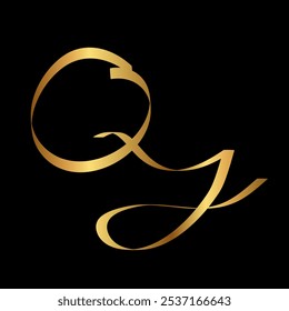 Gold QJ Monogram Letter Initial Cursive Hand Written Calligraphy for Logo Brand