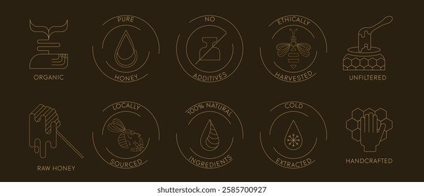 Gold quality certification icons for honey and bee products in outline style. illustrations for honey, wax, pollen, royal jelly, and beekeeping tools. Perfect for beekeepers, websites, and branding.