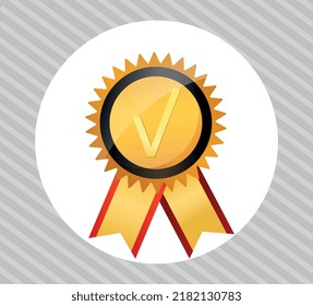 Gold quality mark. Proven product or service. Store reward, achievement trophy. Motivation and leadership. Feedback and opinion of users and customers online. Cartoon flat vector illustration