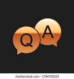 Gold Question and Answer mark in speech bubble icon isolated on black background. Q and A symbol. FAQ sign. Copy files, chat speech bubble. Long shadow style. Vector.