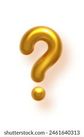 Gold question mark. Golden ask icon in balloon metal font. FAQ symbol. Doubt information notice. 3d realistic vector illustration.