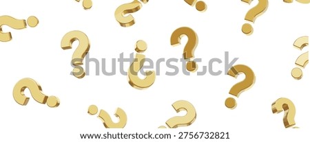 Gold question mark pattern with 3D symbols, FAQ concept background, business inquiry design, luxury golden illustration, seamless vector wallpaper