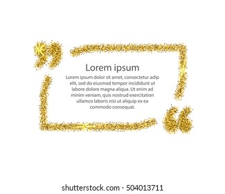 Gold quotation mark speech bubble. Empty blank citation template. Rounded rectangle design element for business card, paper sheet, information, note, message, motivation, comment. Vector illustration.
