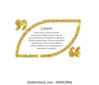 Gold quotation mark speech bubble. Empty blank citation template. Rounded rectangle design element for business card, paper sheet, information, note, message, motivation, comment. Vector illustration.