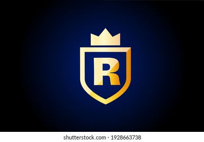 gold R alphabet letter logo icon. Design for company and business identity with shield and king crown